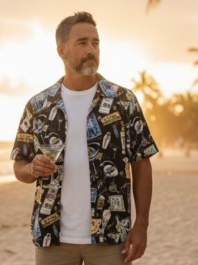 David Carey Black Martini Lounge Print Short-Sleeve Shirt